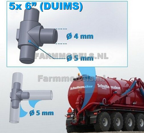 5x  &Oslash; 5 mm (6&quot; DUIMS)  T-stuk t.b.v. buis &Oslash; 5 mm 1:32  