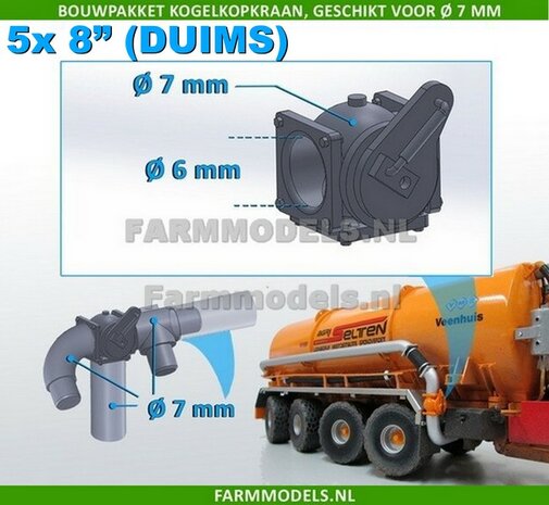 5x &Oslash; 7 mm (8&quot; DUIMS) Kogelkopkraan set t.b.v. buis &Oslash; 7 mm 1:32