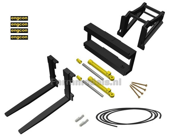 BOUWKIT: Engcon GHH1200 PALLETVORK  HYDRAULISCH VERSTELBAAR met S60 Koppeling. Materiaal: Resin ZWART &amp; GEEL Gespoten geleverd 1:32 