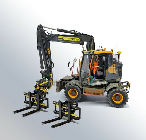 BOUWKIT: Engcon GHH1200 PALLETVORK  HYDRAULISCH VERSTELBAAR met S60 Koppeling. Materiaal: Resin ZWART &amp; GEEL Gespoten geleverd 1:32 