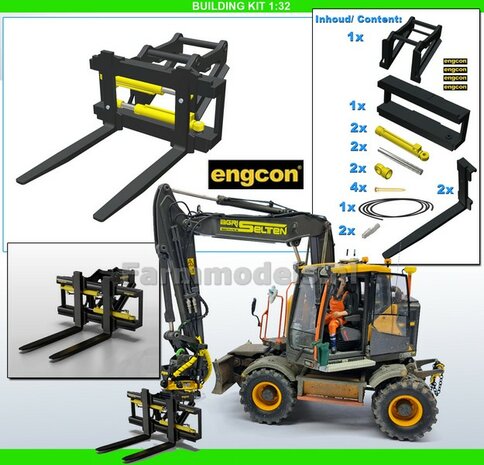 BOUWKIT: Engcon GHH1200 PALLETVORK  HYDRAULISCH VERSTELBAAR met S60 Koppeling. Materiaal: Resin ZWART &amp; GEEL Gespoten geleverd 1:32 