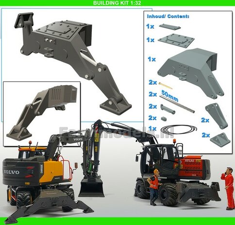 BOUWKIT: Stempels/ Steunpoten set o.a. geschikt voor de Atlas 160W, de Liebherr 916 en Volvo EWR150E van Agri Collectables Materiaal RESIN, BLANK Geleverd  1:32 