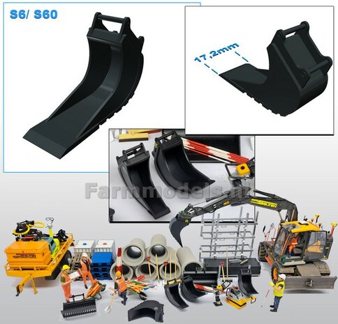Banaanbak 17,2mm LANG MES Resin ZWART MATT Gespoten t.b.v. S60 KOPPELING (o.a. Engcon met S60 koppeling, Volvo EWR150 &amp; Atlas 160W mobiele kranen van AT) 1:32  