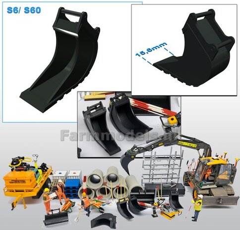 Banaanbak 15.6mm   Resin, ZWART MATT Gespoten geleverd t.b.v. S60 KOPPELING (o.a. Engcon met S60 koppeling, Volvo EWR150 &amp; Atlas 160W mobiele kranen van AT) 1:32  
