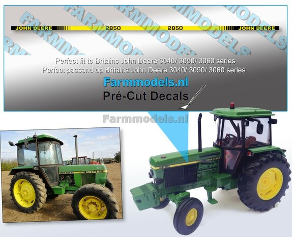 John Deere sticker type 2850  op transparant folie, Geschikt voor motorkap JD 3050 Britain,   Pr&eacute;-Cut Decals 1:32 Farmmodels.nl