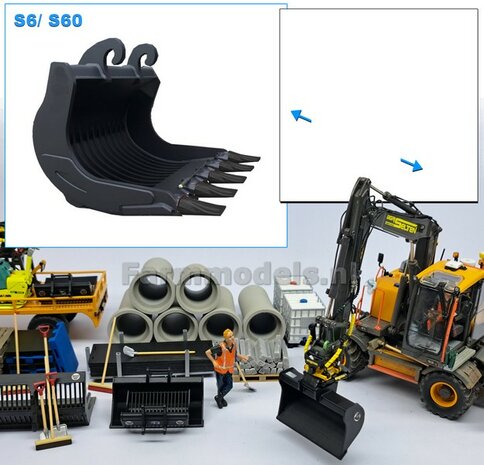 Puinriek HEAVY DUTY met vaste TANDEN 43.9 mm breed Resin ZWART MATT Gespoten geleverd t.b.v. S60 KOPPELING  1:32  