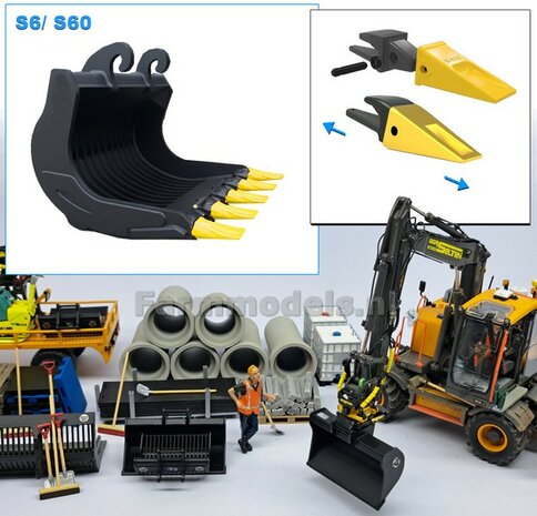 Puinriek HEAVY DUTY met DEMONTABELE GELE TANDEN 43.9 mm breed Resin ZWART MATT Gespoten geleverd t.b.v. S60 KOPPELING  1:32  