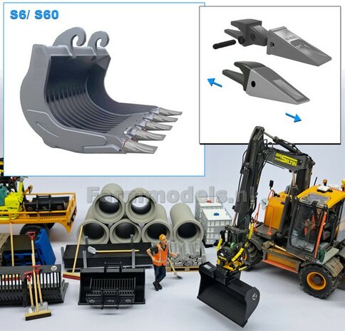 Puinriek HEAVY DUTY met DEMONTABELE GELE TANDEN 43.9 mm breed Resin ZWART MATT Gespoten geleverd t.b.v. S60 KOPPELING  1:32  