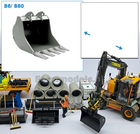 Dieplepelbak HD 37.5 mm breed met TANDEN RESIN Blank geleverd t.b.v. S60 KOPPELING (o.a. Engcon draaikantelstuk met S60 koppeling, Volvo EWR150 &amp; Atlas 160W  AT) 1:32  