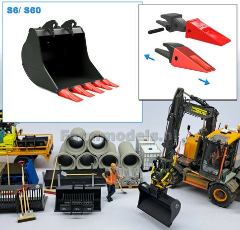 Dieplepelbak HD met LOSSE TANDEN 37.5 mm breed RESIN ROOD Gespoten geleverd t.b.v. S60 KOPPELING (o.a. Engcon met S60 koppeling, Volvo EWR150 &amp; Atlas 160W ) 1:32  