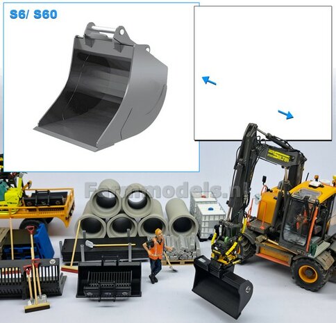 Dieplepelbak 43.8 mm breed RESIN Blank geleverd t.b.v. S60 KOPPELING (o.a. Engcon draaikantelstuk met S60 koppeling, Volvo EWR150 &amp; Atlas  160W mobiele kranen van AT) 1:32  
