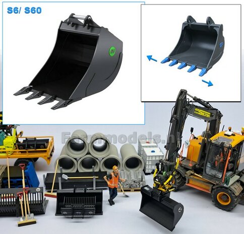 Dieplepelbak HD 46.9 mm breed met TANDEN ZWART MATT gespoten t.b.v. S60 KOPPELING (o.a. Engcon draaikantelstuk met S60 koppeling, Volvo EWR150 &amp; Atlas  160W AT) 1:32  