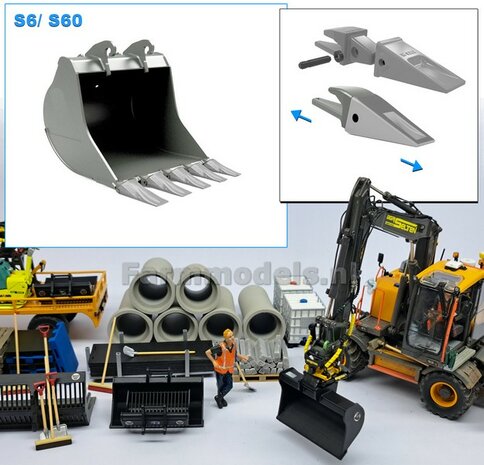 Dieplepelbak HD met LOSSE TANDEN 46.9 mm breed RESIN Blank geleverd t.b.v. S60 KOPPELING (o.a. Engcon draaikantelstuk met S60 koppeling, Volvo EWR150 &amp; Atlas 160W ) 1:32  