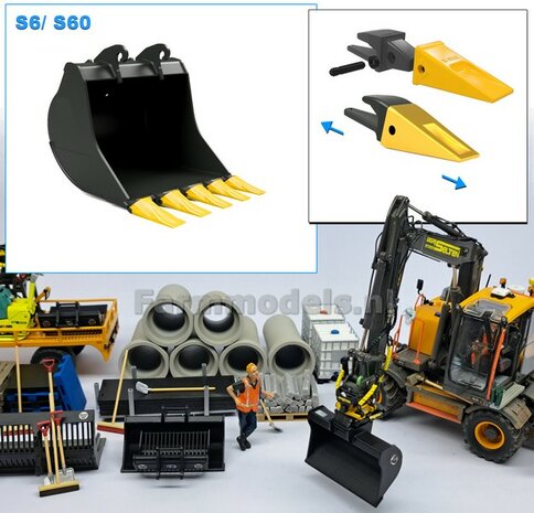 Dieplepelbak HD met LOSSE TANDEN 46.9 mm breed RESIN GEEL Gespoten geleverd t.b.v. S60 KOPPELING (o.a. Engcon met S60 koppeling, Volvo EWR150 &amp; Atlas 160W ) 1:32  