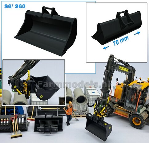 Slotenbak 70 mm breed  ZWART MATT gespoten t.b.v. S60 KOPPELING (o.a. Engcon draaikantelstuk met S60 koppeling, Volvo EWR150 &amp; Atlas  160W mobiele kranen van AT) 1:32  