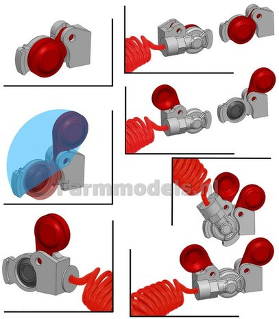 2x WABCO LUCHTKOPPELINGEN echt koppelbaar Materiaal: Resin ALUMINIUM + ROOD Gespoten geleverd, geschikt voor &Oslash; 0.5mm luchtleidingen 1:32