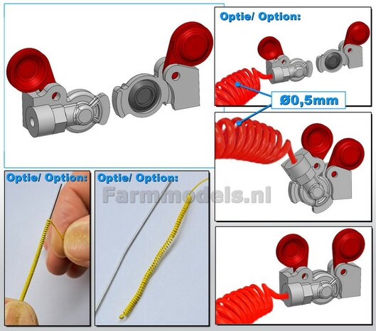 2x WABCO LUCHTKOPPELINGEN echt koppelbaar Materiaal: Resin ALUMINIUM + ROOD Gespoten geleverd, geschikt voor &Oslash; 0.5mm luchtleidingen 1:32