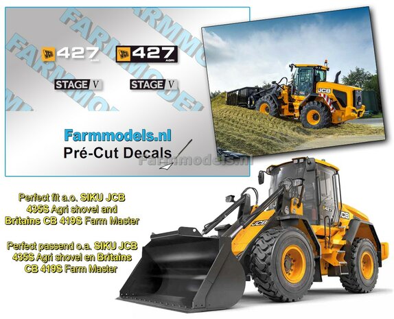 Typeset voor JCB 427 stage V op transparante folie. Pré-Cut Decals 1:32 Farmmodels.nl