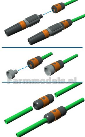 TUINSLANG SET:  1x Mondstuk, 2x Koppelstuk slang, 1x verlengstuk, 2x aansluiting kraan/ hogedrukspuit. Past aan tuinslang &Oslash; 0.5 mm ORANJE-ZWART Gespoten geleverd 1:32