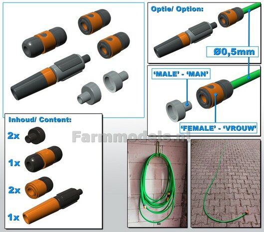 TUINSLANG SET:  1x Mondstuk, 2x Koppelstuk slang, 1x verlengstuk, 2x aansluiting kraan/ hogedrukspuit. Past aan tuinslang &Oslash; 0.5 mm ORANJE-ZWART Gespoten geleverd 1:32