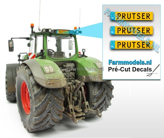 &#039;PRUTSER&#039; 3x GELE Kentekenplaatsticker ZWARTE LETTERS Pr&eacute;-Cut Decals 1:32 Farmmodels.nl