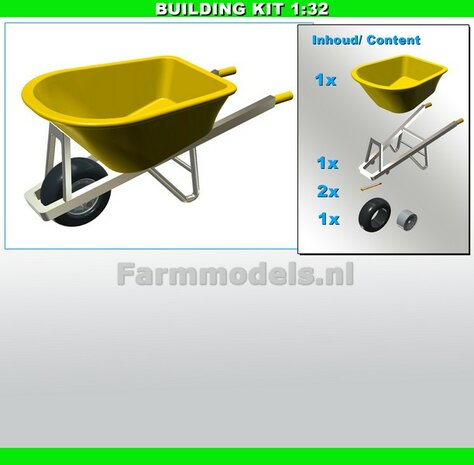 BOUWKIT: KRUIWAGEN 100 liter Materiaal Resin, GEEL MATT en ALUMINIUM/ ZWART MATT Gespoten geleverd 1:32