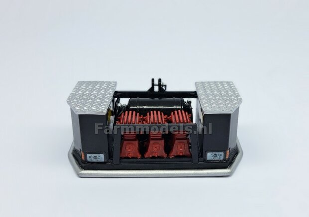 BOUWKIT: FRONTBUMPER met 3x COMPRESSOR, DRUKVAT en OPBERGKISTEN 3-Punts aansluiting  Materiaal: RESIN BLANK Geleverd  1:32  