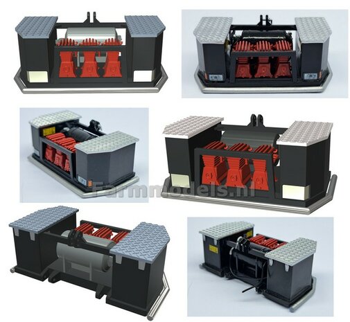 BOUWKIT: FRONTBUMPER met 3x COMPRESSOR, DRUKVAT en OPBERGKISTEN 3-Punts aansluiting  Materiaal: Resin ZWART ROOD ALUMINIUM Gespoten geleverd 1:32  