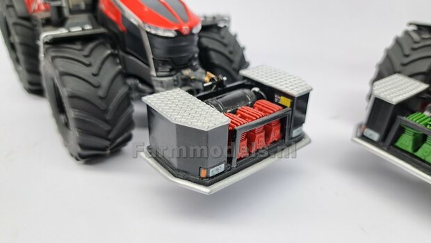 BOUWKIT: FRONTBUMPER met 3x COMPRESSOR, DRUKVAT en OPBERGKISTEN 3-Punts aansluiting  Materiaal: Resin ZWART ROOD ALUMINIUM Gespoten geleverd 1:32  