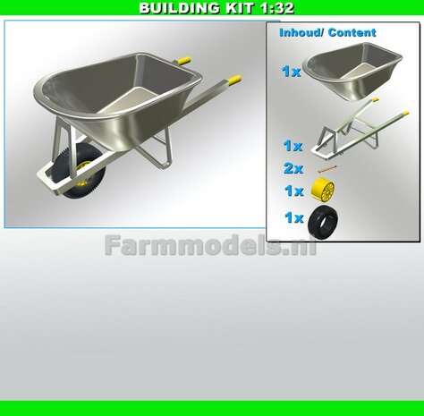 BOUWKIT: KRUIWAGEN 100 liter Materiaal Resin, ALUMINIUM/ ZWART MATT / GEEL MATT Gespoten geleverd 1:32
