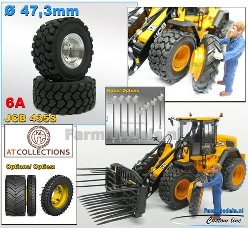 &Oslash; 47.3 mm: JCB 435S AT: 2x brede Shovel banden + ALUMINIUM velgen BLANK Geleverd, geschikt voor JCB 435 serie Agri Collectables 1:32         