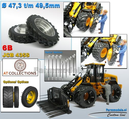 &Oslash; 47.3 (tot 49.5) mm: JCB 435S: 2x ALUMINIUM DUBBELLUCHT SHOVEL Velgen BLANK Geleverd + smalle banden passend in originele velgen JCB 435S AT 1:32