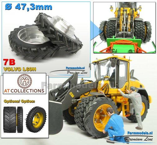 &Oslash; 47.3 mm: 2x Dubbellucht Shovel banden + ALUMINIUM velgen BLANK geleverd passend in de Aluminium Farmmodels Volvo L60H serie  1:32         