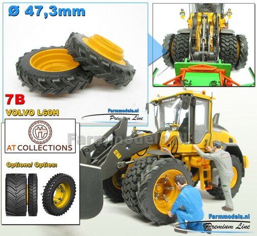 &Oslash; 47.3 mm: 2x Dubbellucht Shovel banden + ALUMINIUM velgen VOLVO GEEL Gespoten geleverd passend in de Aluminium Farmmodels Volvo L60H serie  1:32         