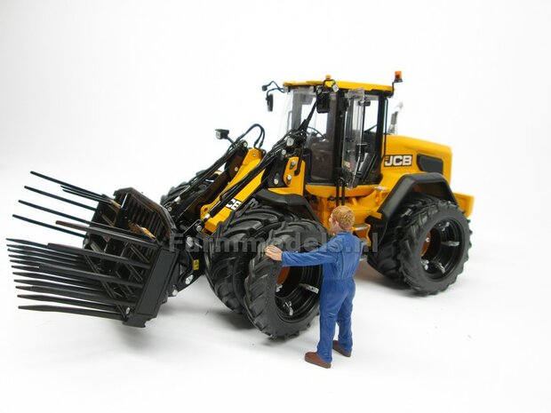 &Oslash; 47.3 (tot 49.5) mm: JCB 435S: 2x ALUMINIUM DUBBELLUCHT SHOVEL Velgen JCB GEEL Gespoten geleverd + smalle banden passend in originele velgen JCB 435S AT 1:32