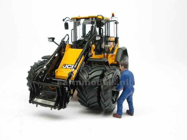 &Oslash; 47.3 (tot 49.5) mm: JCB 435S: 2x ALUMINIUM DUBBELLUCHT SHOVEL Velgen JCB GEEL Gespoten geleverd + smalle banden passend in originele velgen JCB 435S AT 1:32