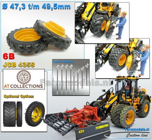 &Oslash; 47.3 (tot 49.5) mm: JCB 435S: 2x ALUMINIUM DUBBELLUCHT SHOVEL Velgen JCB GEEL Gespoten geleverd + smalle banden passend in originele velgen JCB 435S AT 1:32