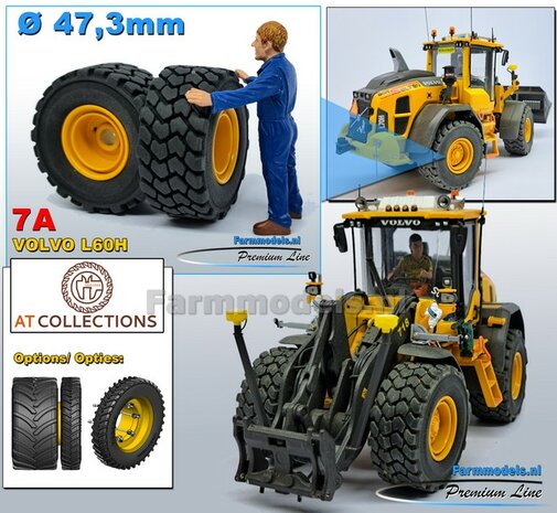 &Oslash; 47.3 mm: VOLVO L60H: 2x brede Shovel banden + ALUMINIUM velgen VOLVO GEEL Gespoten geleverd geschikt voor Volvo L60H serie agri Collectables 1:32  