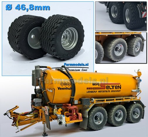 &Oslash; 46.8 mm: 2x Vredestein Flotation Pro Banden met ALUMINIUM METALIC gespoten Velgen  1:32   Farmmodels Premium Line Series  