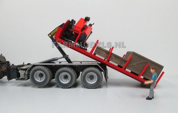 40123 Laden minigraver op Jan Veenhuis platte bak 3 asser haakarm Carrier Bouwpakket 1:32, 