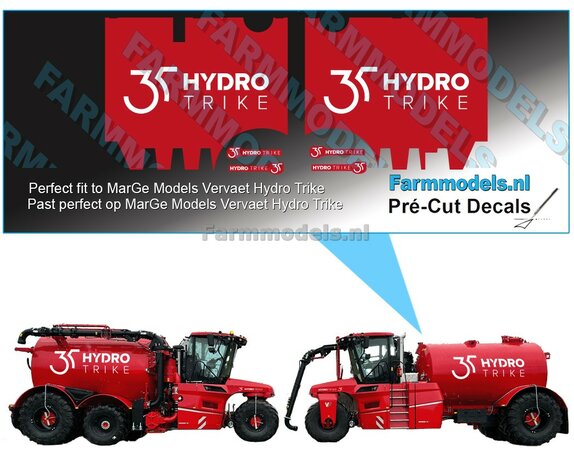 VERVAET Hydro trike 35 Years Edition set, gemaakt op Vervaet DARK RED folie, geschikt voor MarGe Models Hydro Trike 3-wieler, Pr&eacute;-Cut Decals 1:32 Farmmodel