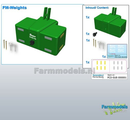 SUER FRONTGEWICHT 2000 kg + LOSSE TREKHAAK + SUER 2000kg &amp; REFLECTOREN WIT &amp; GEEL Pr&eacute;-Cut Decal Stickerset + PINNEN Mat.: Resin JD 7310r GROEN Gespoten geleverd  1:32  