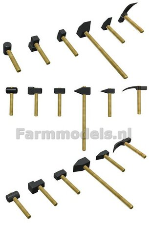 BOUWKIT: 4x STRATENMAKER HAMERS + HOUTEN STELEN &Oslash; 1.6-1.7mm Materiaal Resin, 2x ROOD &amp; 2x ZWART Gespoten + HOUT BLANK geleverd 1:32