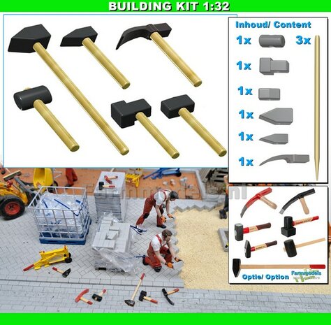 BOUWKIT: 6x STRATENMAKER HAMERS + HOUTEN STELEN &Oslash; 1.6-1.7mm Materiaal RESIN + HOUT BLANK geleverd 1:32