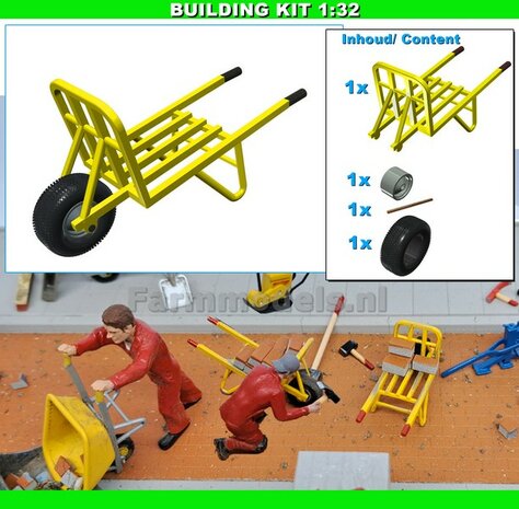 BOUWKIT: STEEN KRUIWAGEN Materiaal Resin, INDUSTRIE GEEL + RAL 7040 (BOLLE DICHTE VELG) Gespoten met ZWART Geschilderde HANDVATEN geleverd 1:32