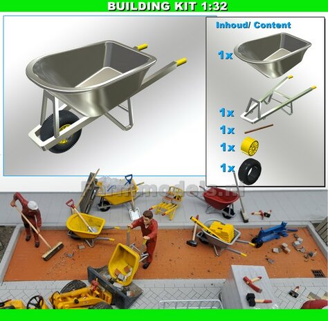 BOUWKIT: KRUIWAGEN 100 liter Materiaal Resin, ALUMINIUM GLANS/ ZWART MATT/ GEEL MATT Gespoten met GEEL Geschilderde HANDVATEN geleverd 1:32