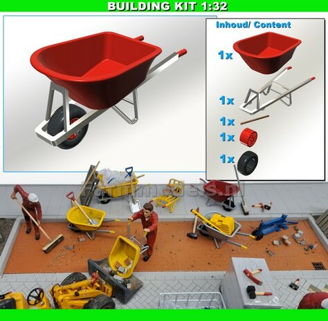 BOUWKIT: KRUIWAGEN 100 liter Materiaal Resin, ROOD MATT/ ZWART MATT/ ALUMINIUM GLANS Gespoten met ROOD Geschilderde HANDVATEN geleverd 1:32