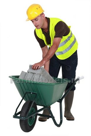 BOUWKIT: KRUIWAGEN 100 liter Materiaal Resin, ALUMINIUM GLANS/ ZWART MATT/ GEEL MATT Gespoten met GEEL Geschilderde HANDVATEN geleverd 1:32