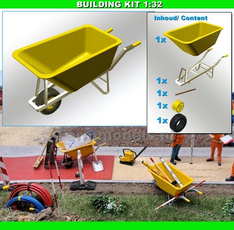 BOUWKIT: KRUIWAGEN (STAL/ GROENAFVAL) 160 liter  Mat. Resin, GEEL MATT/ ZWART MATT/ ALUMINIUM GLANS Gespoten met GEEL Geschilderde HANDVATEN geleverd 1:32