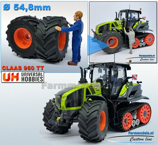 &Oslash; 54.8 x 25.8 mm: CLAAS 960 TT: 2x Michelin Axiobib2 Banden + Resin Velgen CLAAS ORANJE Gespoten 1:32 Farmmodels Premium Line Series 